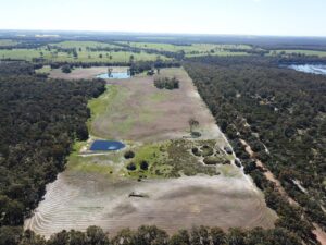 Aerial landscape shot of remnant bushland and cleared land about to be planted.