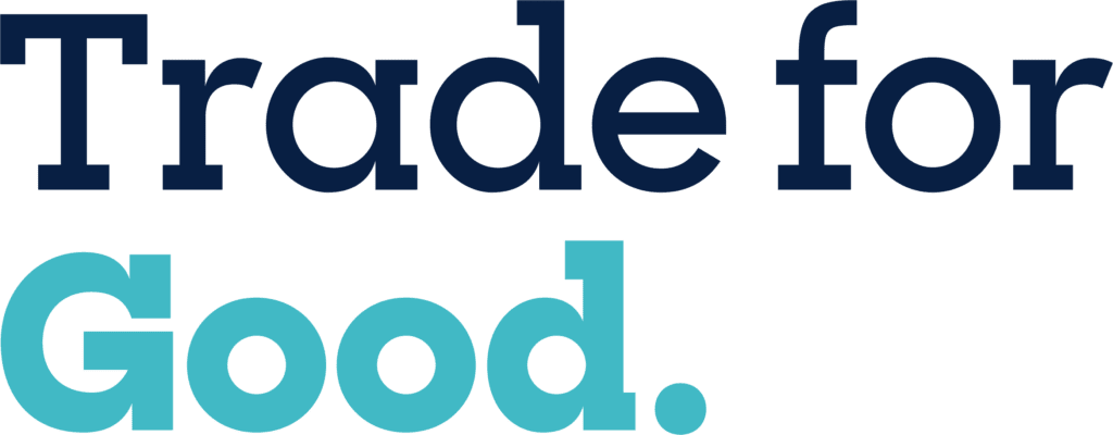 Tradeforgood_logomark_primarylogo_secondaryblue Logo reading Trade for Good