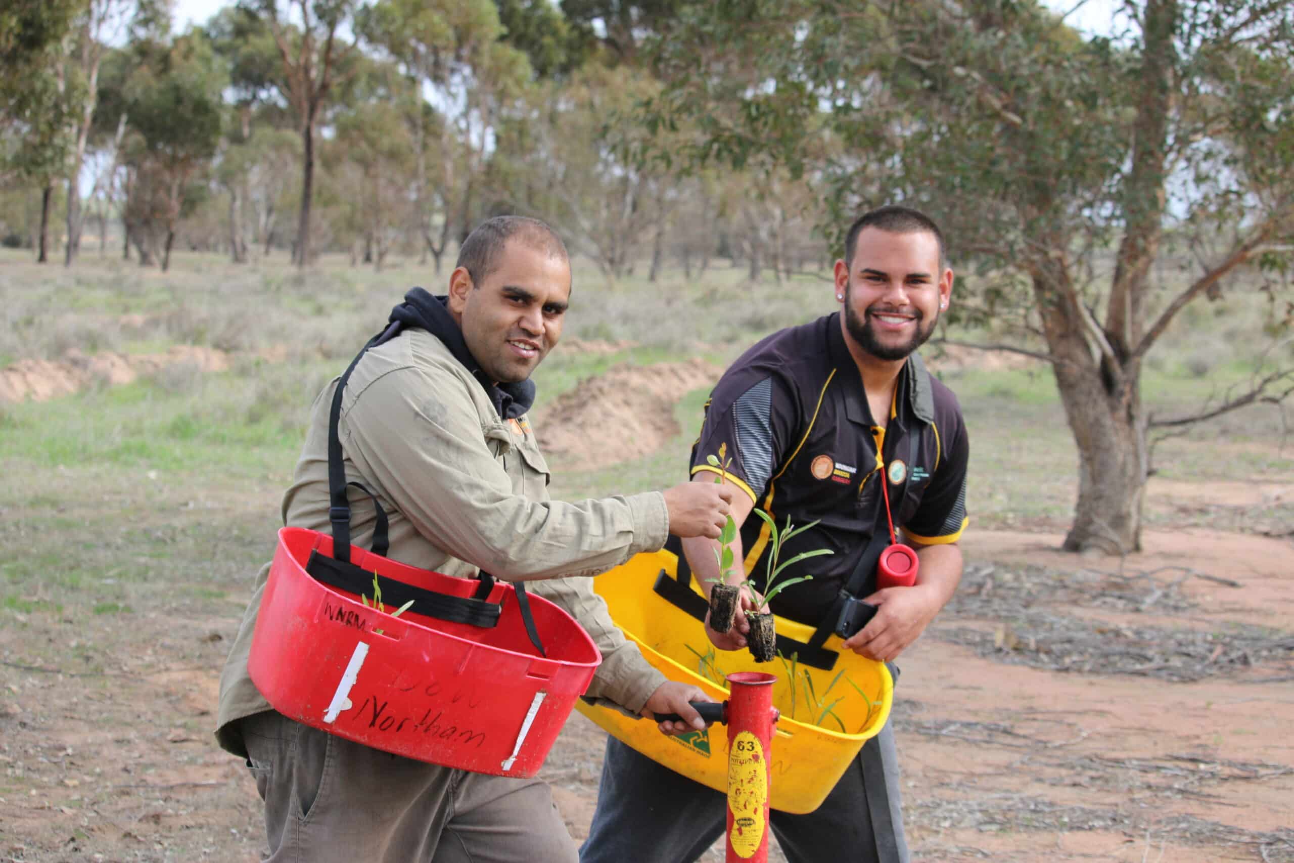 Two men smiling whilst walking with seedlings bucket and placing seedlings in a pottiputki
