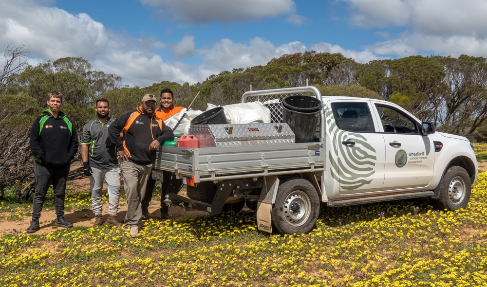 Four men standing next to a ute in a paddock