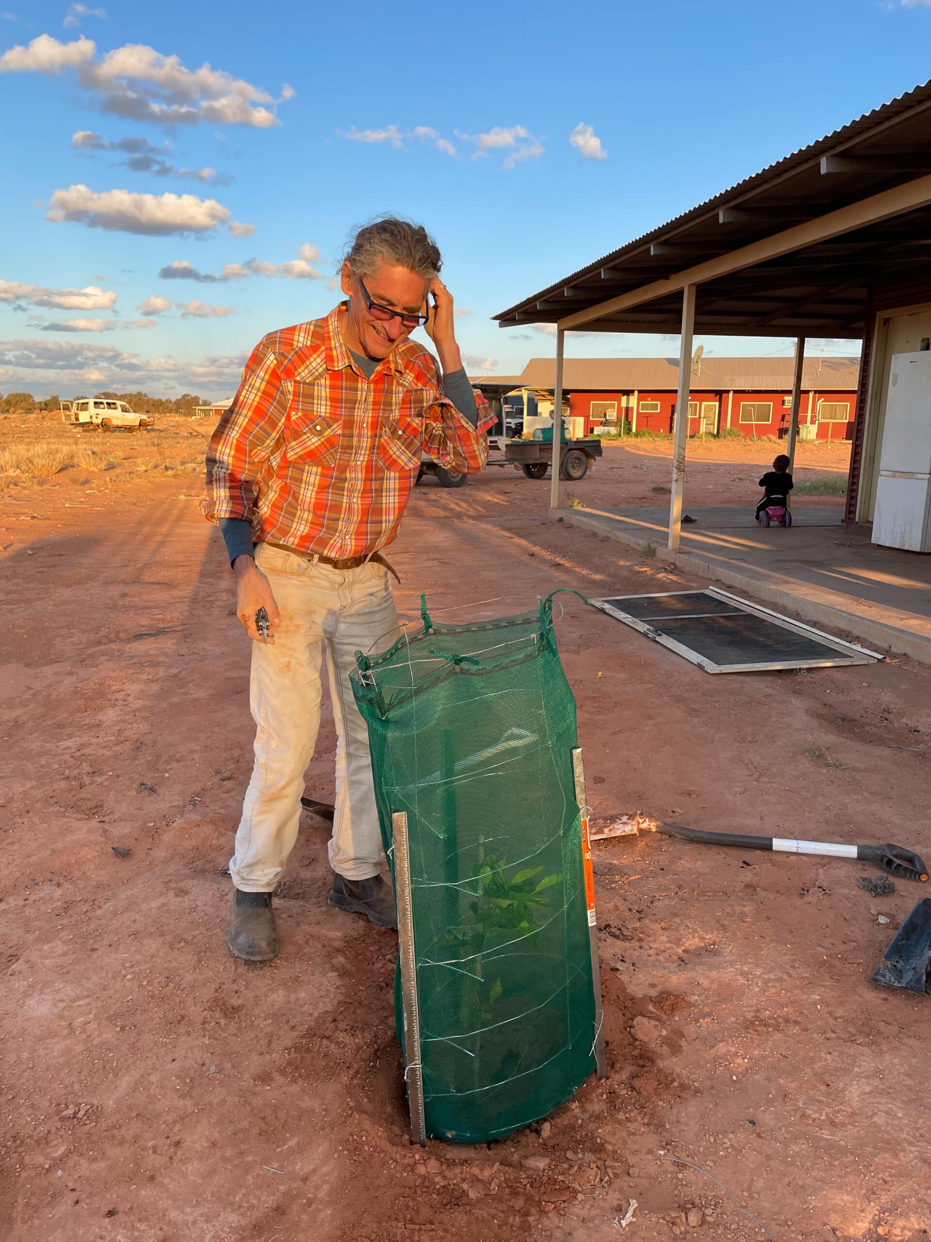 Man smiling over a tree with green tree guard planted in red dirt next to a building