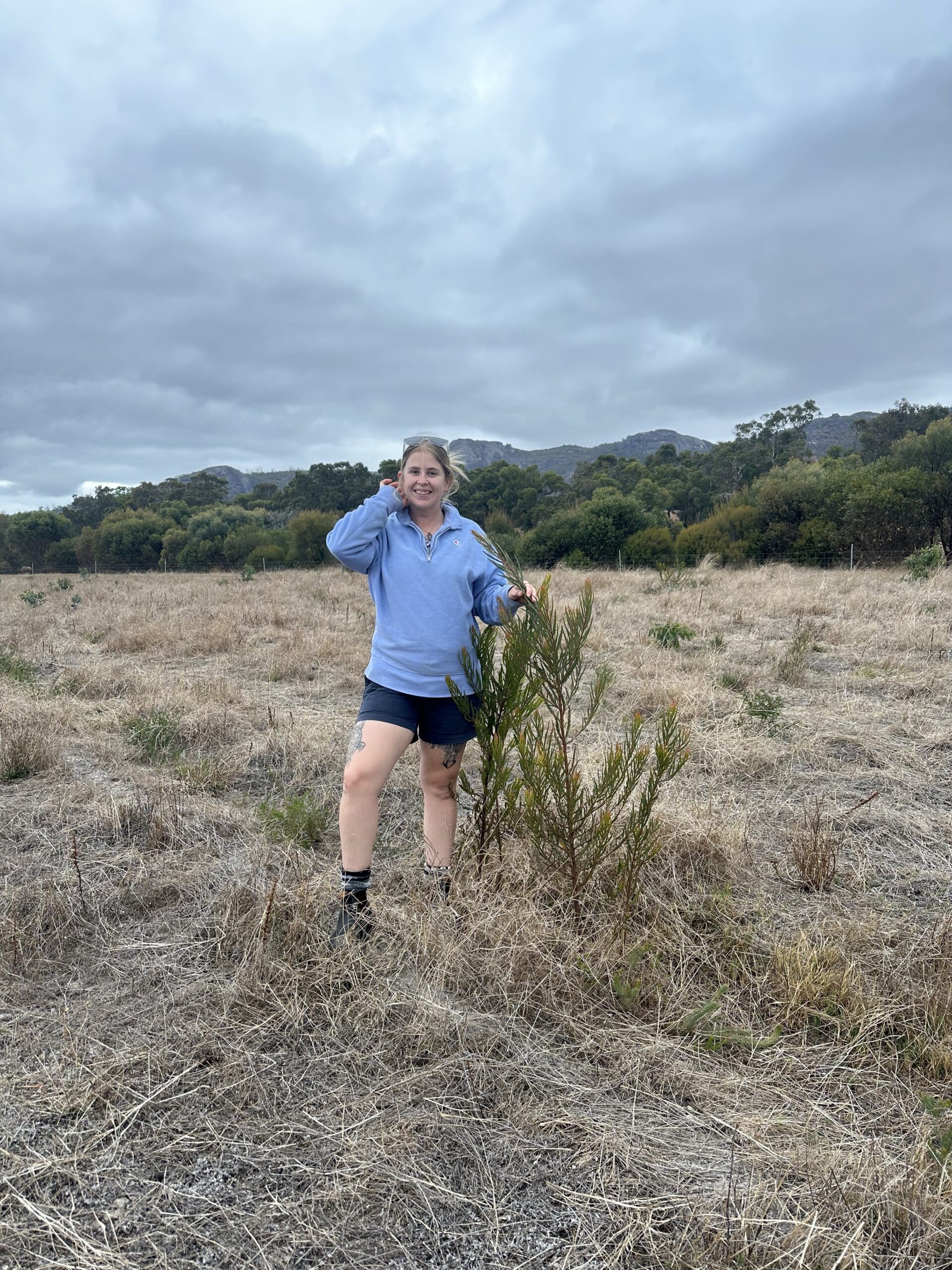 Woman standing next to juvenile trees.